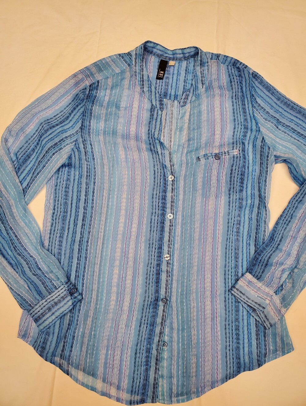 Kut from the Kloth M Blue Striped Sheer Button Down Blouse Chest Pocket
